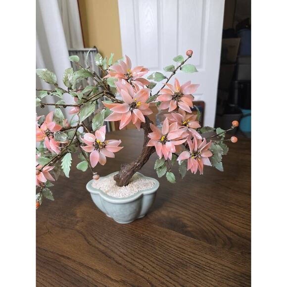 Vintage Chinese Glass Stone Jade Cherry Blossom Bonsai Tree Pink Flowers 14" - Picture 2 of 16